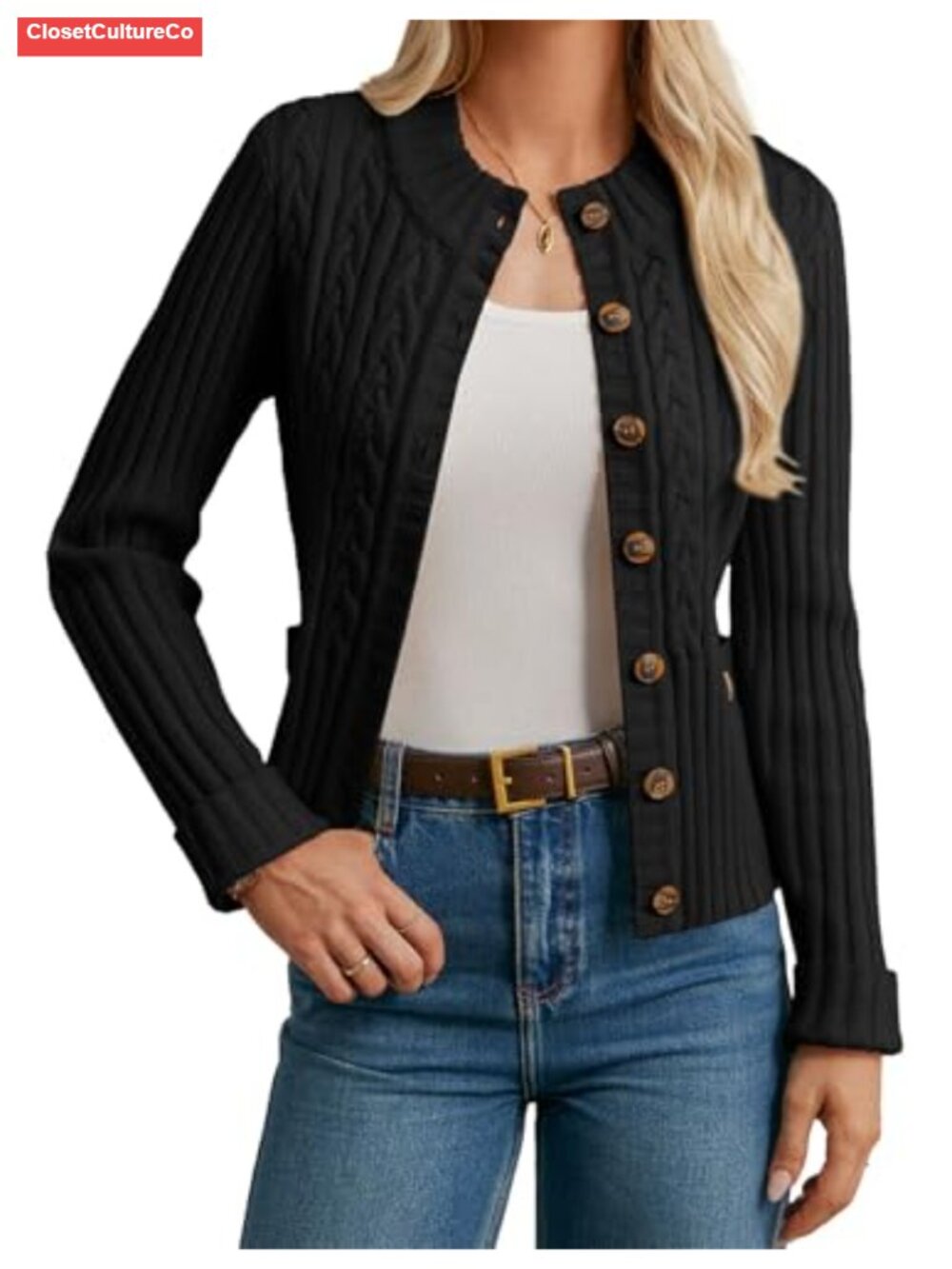 Women Button Up Cable Knit Sweater Cropped Cardigan Chunky Winter